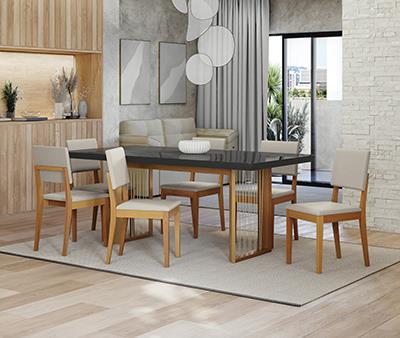 Conj Mesa Eva c/ tampo e 6 Cadeiras Dora