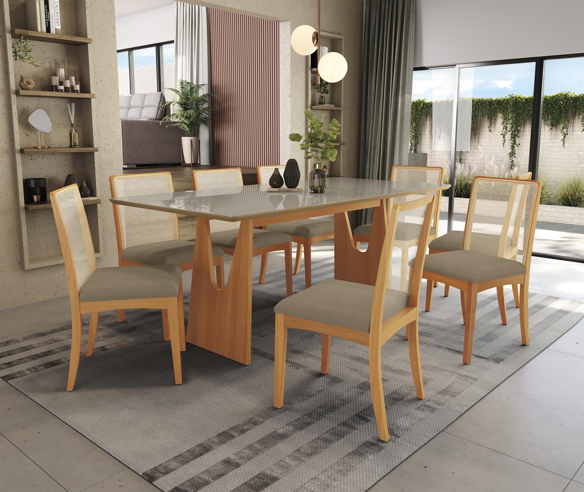 Conj Mesa Mila c/ tampo e 8 Cadeiras Lara 